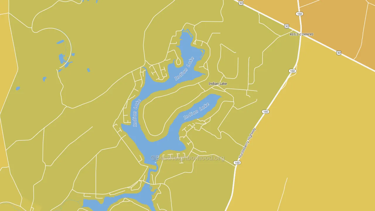 Map of the best neighborhoods in the Indian Lake area, with better matches in green and worse matches in red