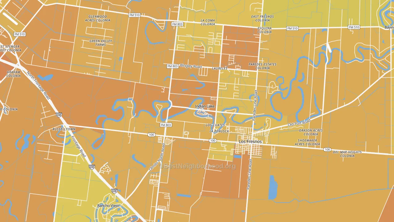 Map of the best neighborhoods in the Indian Lake area, with better matches in green and worse matches in red