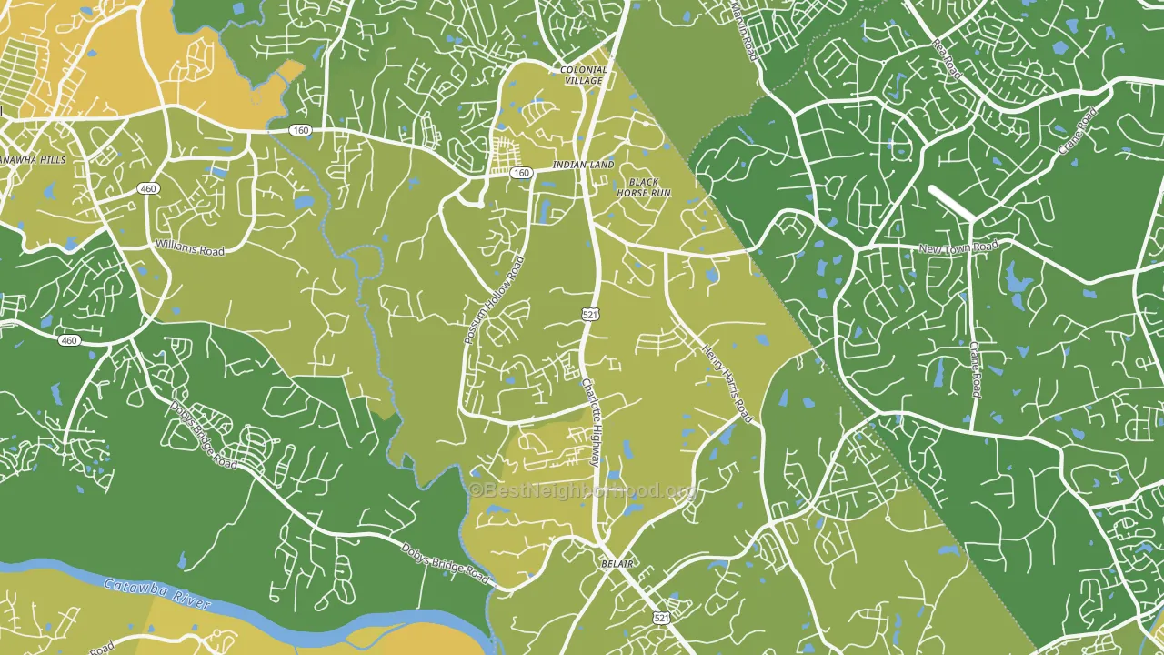 Map of the best neighborhoods in the Indian Land area, with better matches in green and worse matches in red