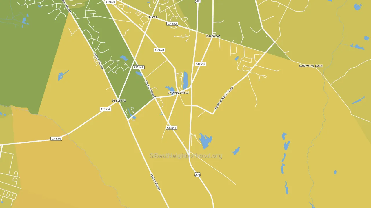 Map of the best neighborhoods in the Indian Mills area, with better matches in green and worse matches in red