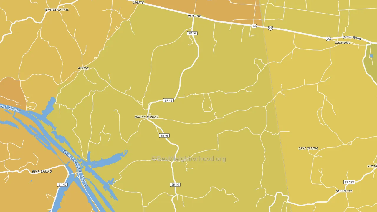 Map of the best neighborhoods in the Indian Mound area, with better matches in green and worse matches in red