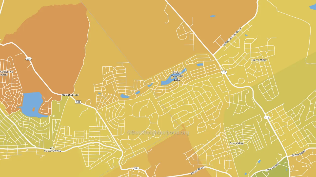 Map of the best neighborhoods in the Indian Mountain Lake area, with better matches in green and worse matches in red