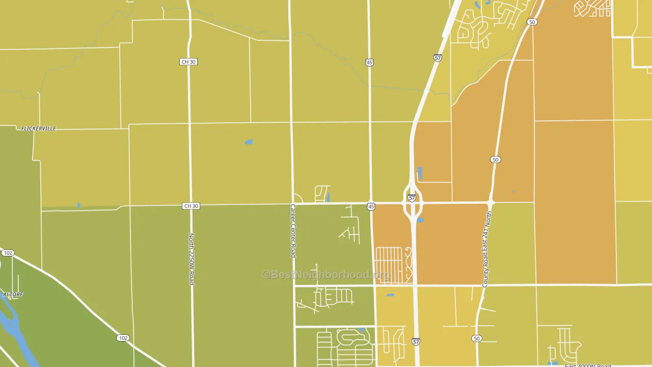 Map of the best neighborhoods in the Indian Oaks area, with better matches in green and worse matches in red