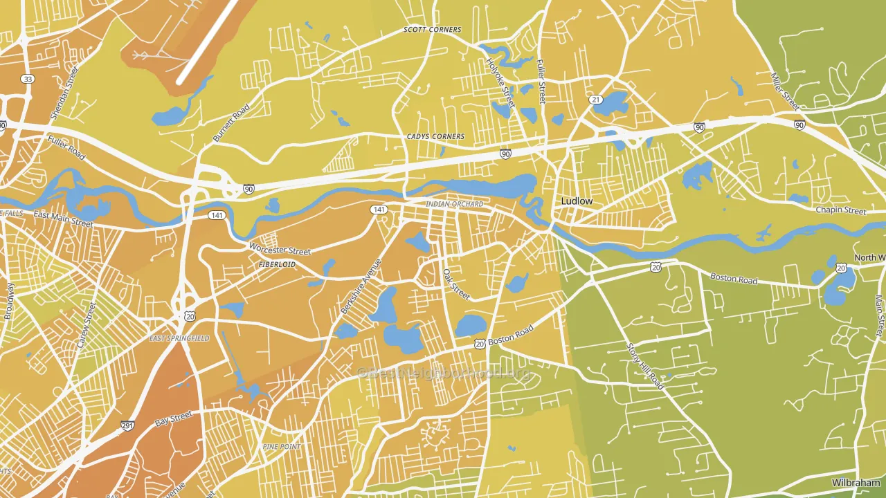 Map of the best neighborhoods in the Indian Orchard area, with better matches in green and worse matches in red