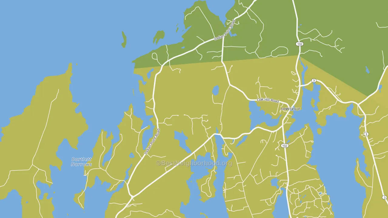 Map of the best neighborhoods in the Indian Point area, with better matches in green and worse matches in red