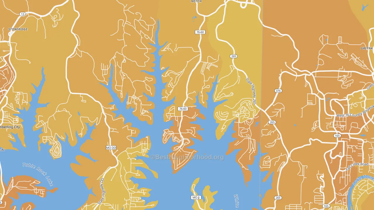 Map of the best neighborhoods in the Indian Point area, with better matches in green and worse matches in red