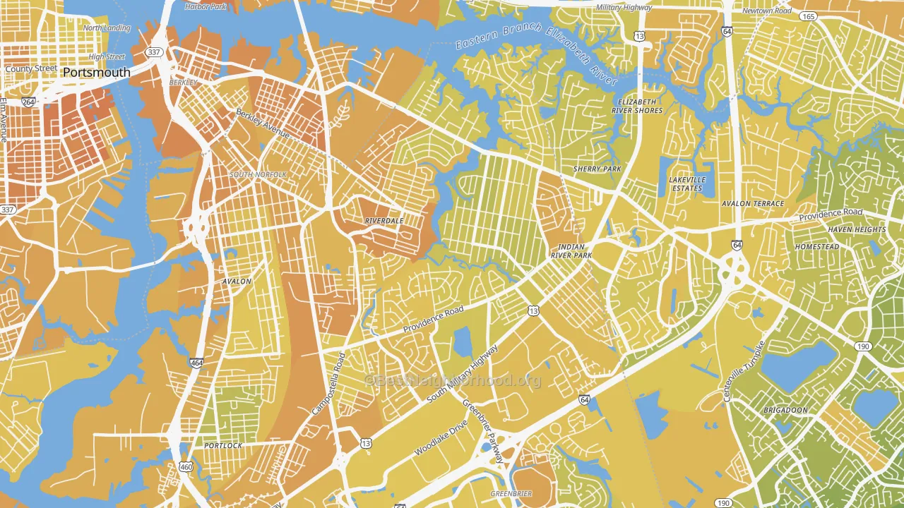 Map of the best neighborhoods in the Indian River, Chesapeake area, with better matches in green and worse matches in red