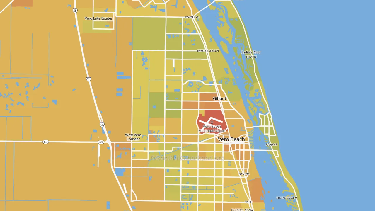 Map of the best neighborhoods in the Indian River County area, with better matches in green and worse matches in red