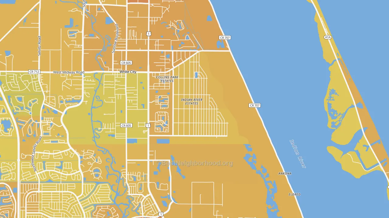 Map of the best neighborhoods in the Indian River Estates area, with better matches in green and worse matches in red