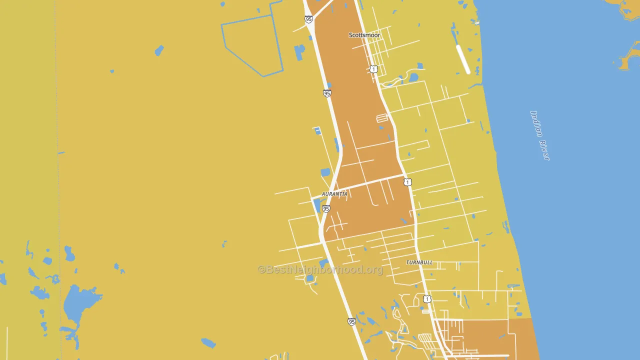 Map of the best neighborhoods in the Indian River Park, Mims area, with better matches in green and worse matches in red