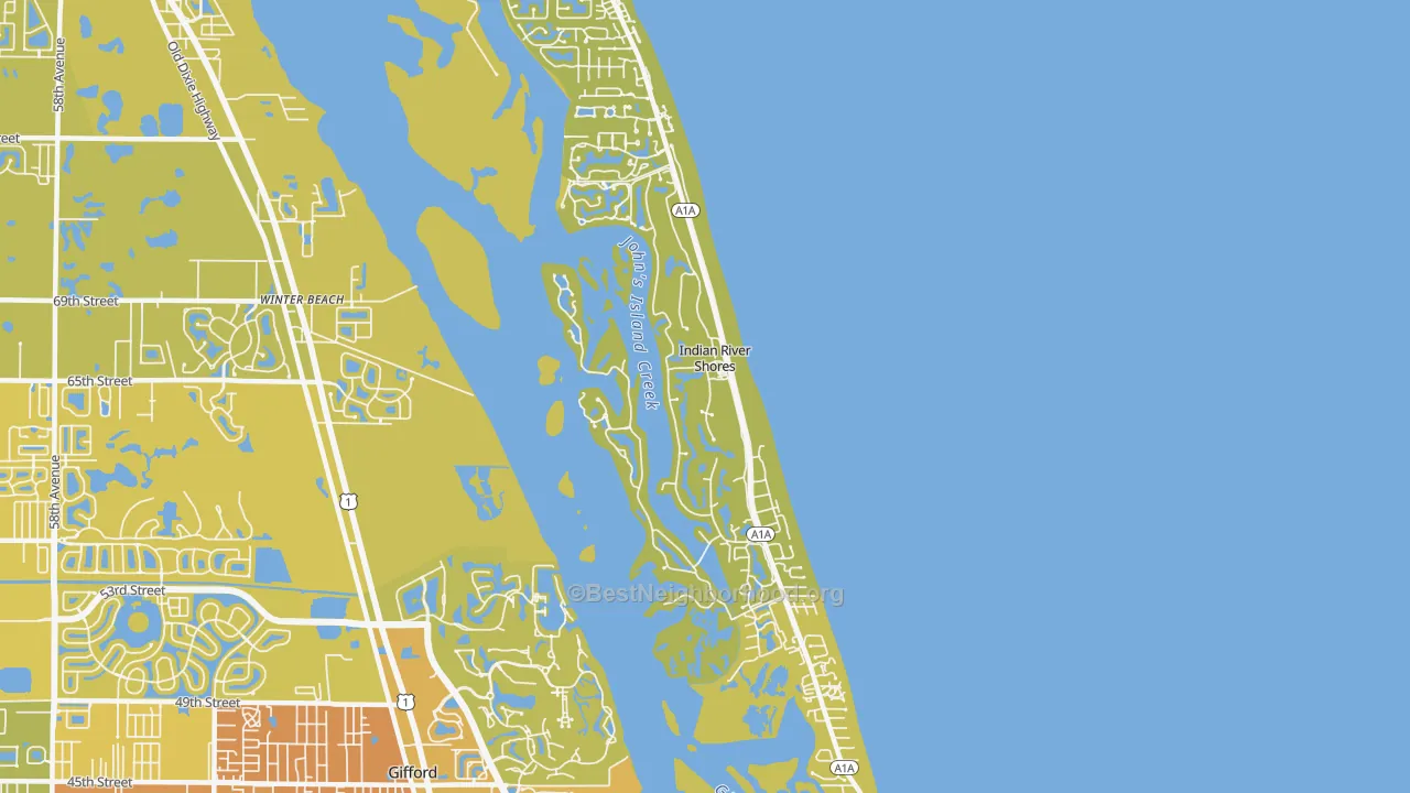 Map of the best neighborhoods in the Indian River Shores area, with better matches in green and worse matches in red