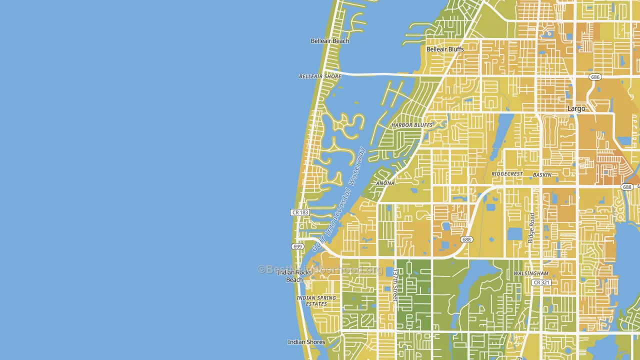 Map of the best neighborhoods in the Indian Rocks Beach area, with better matches in green and worse matches in red
