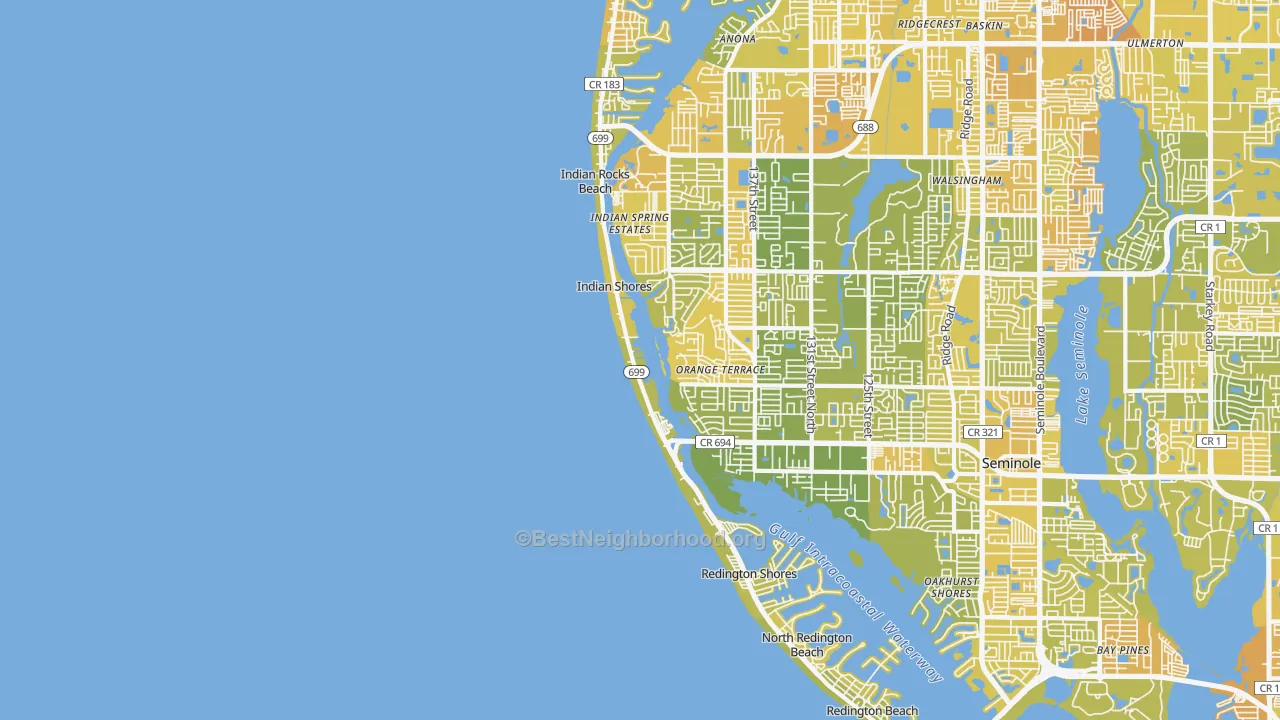 Map of the best neighborhoods in the Indian Shores area, with better matches in green and worse matches in red