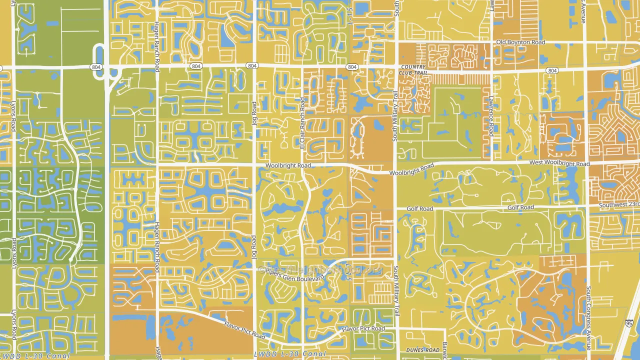 Map of the best neighborhoods in the Indian Spring, Boynton Beach area, with better matches in green and worse matches in red