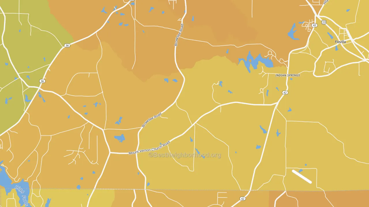 Map of the best neighborhoods in the Indian Springs area, with better matches in green and worse matches in red