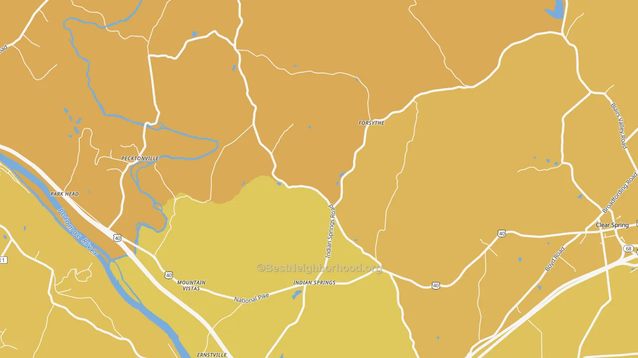 Map of the best neighborhoods in the Indian Springs area, with better matches in green and worse matches in red