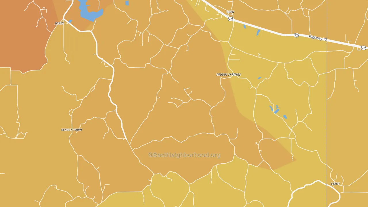 Map of the best neighborhoods in the Indian Springs area, with better matches in green and worse matches in red