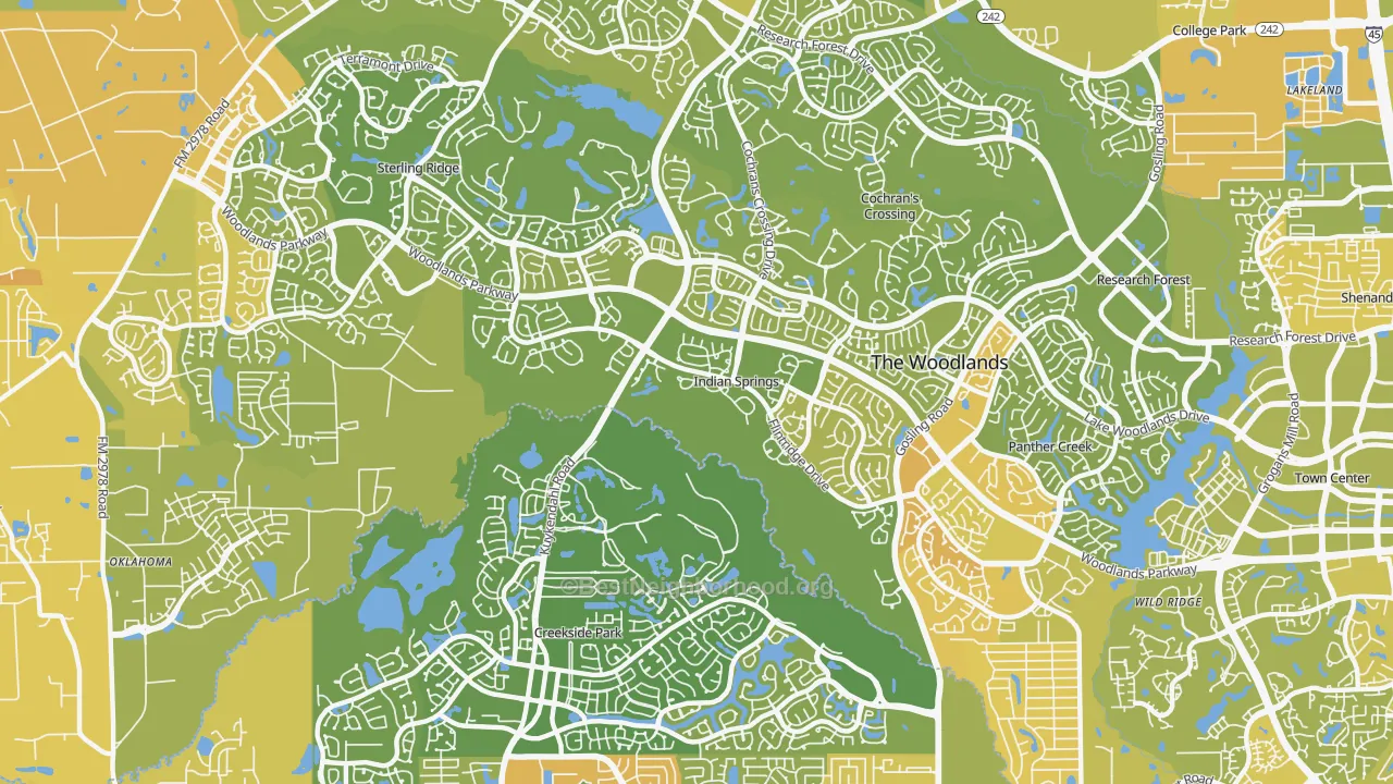 Map of the best neighborhoods in the Indian Springs, The Woodlands area, with better matches in green and worse matches in red