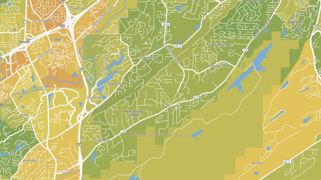 Map of the best neighborhoods in the Indian Springs Village area, with better matches in green and worse matches in red