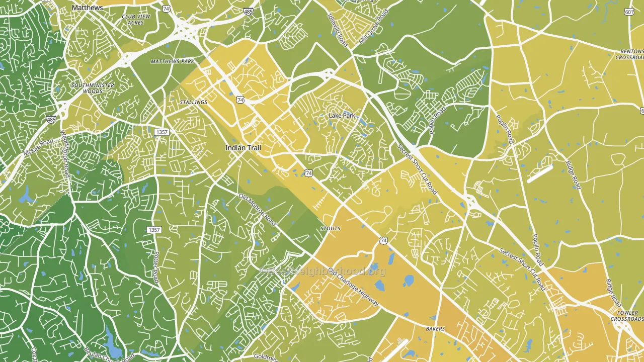 Map of the best neighborhoods in the Indian Trail area, with better matches in green and worse matches in red