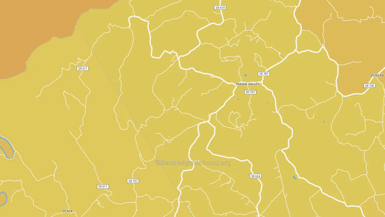Map of the best neighborhoods in the Indian Valley area, with better matches in green and worse matches in red
