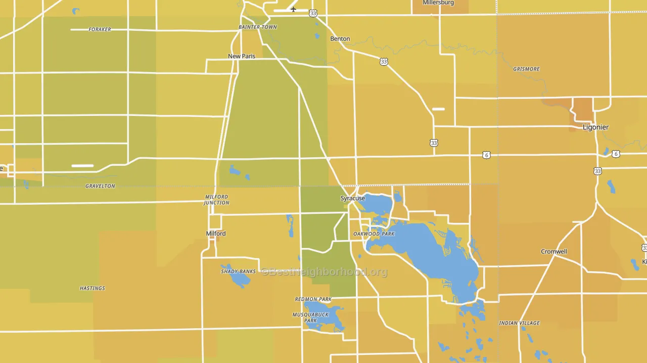 Map of the best neighborhoods in the Indian Village area, with better matches in green and worse matches in red