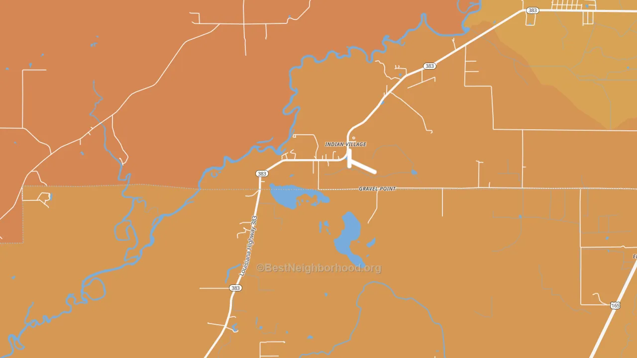 Map of the best neighborhoods in the Indian Village area, with better matches in green and worse matches in red