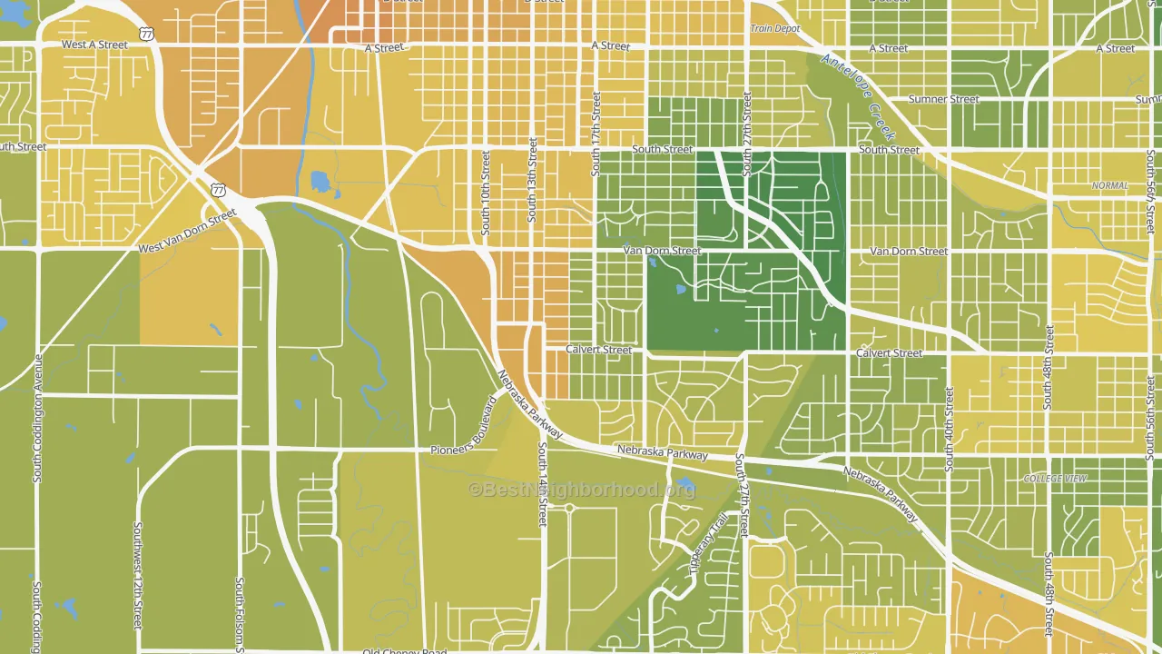 Map of the best neighborhoods in the Indian Village, Lincoln area, with better matches in green and worse matches in red