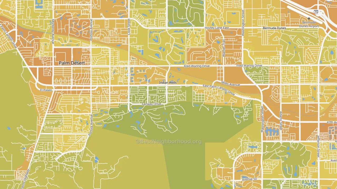 Map of the best neighborhoods in the Indian Wells area, with better matches in green and worse matches in red
