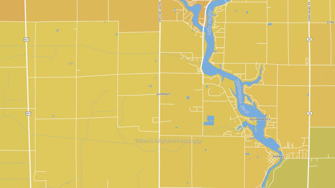 Map of the best neighborhoods in the Indiana Beach area, with better matches in green and worse matches in red
