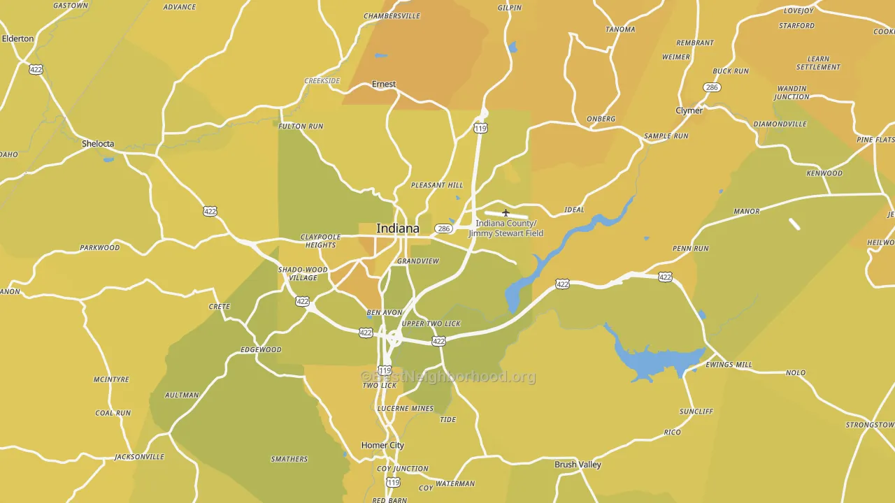 Map of the best neighborhoods in the Indiana County area, with better matches in green and worse matches in red