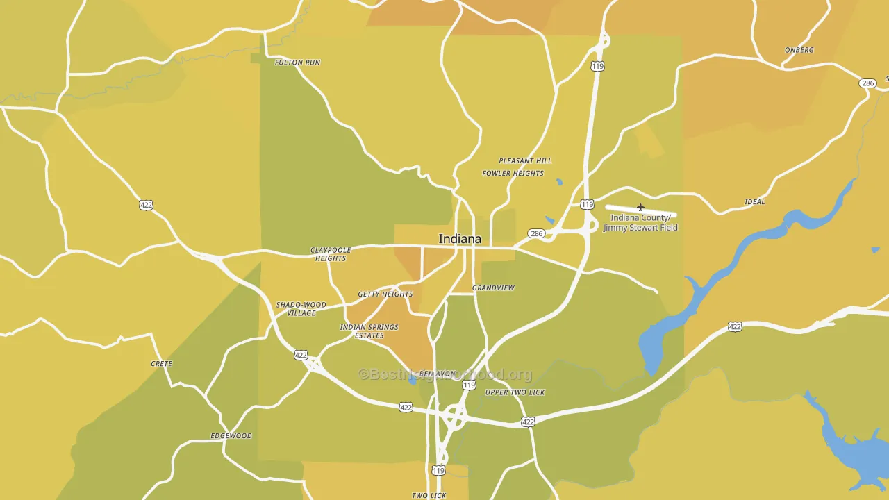 Map of the best neighborhoods in the Indiana area, with better matches in green and worse matches in red