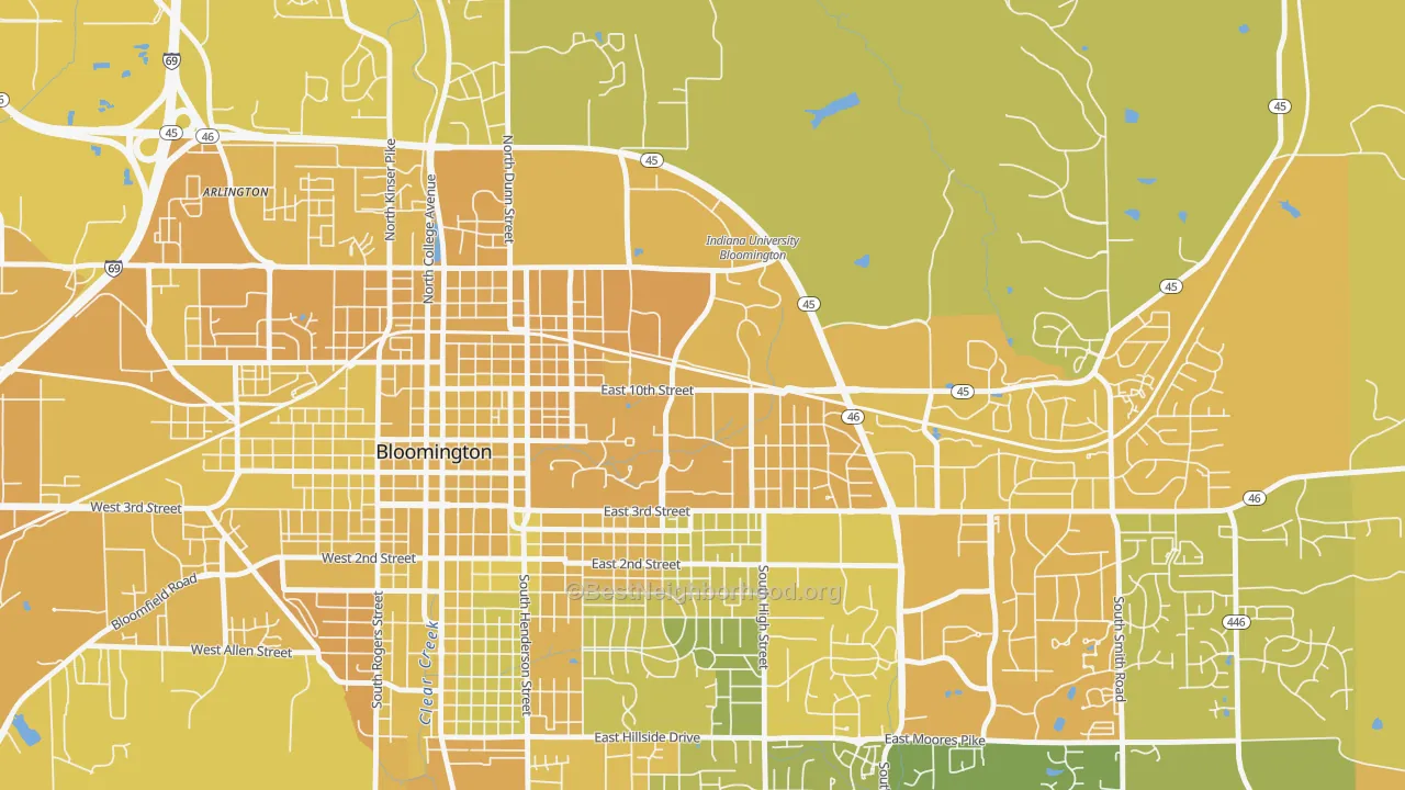 Map of the best neighborhoods in the Indiana University, Bloomington area, with better matches in green and worse matches in red