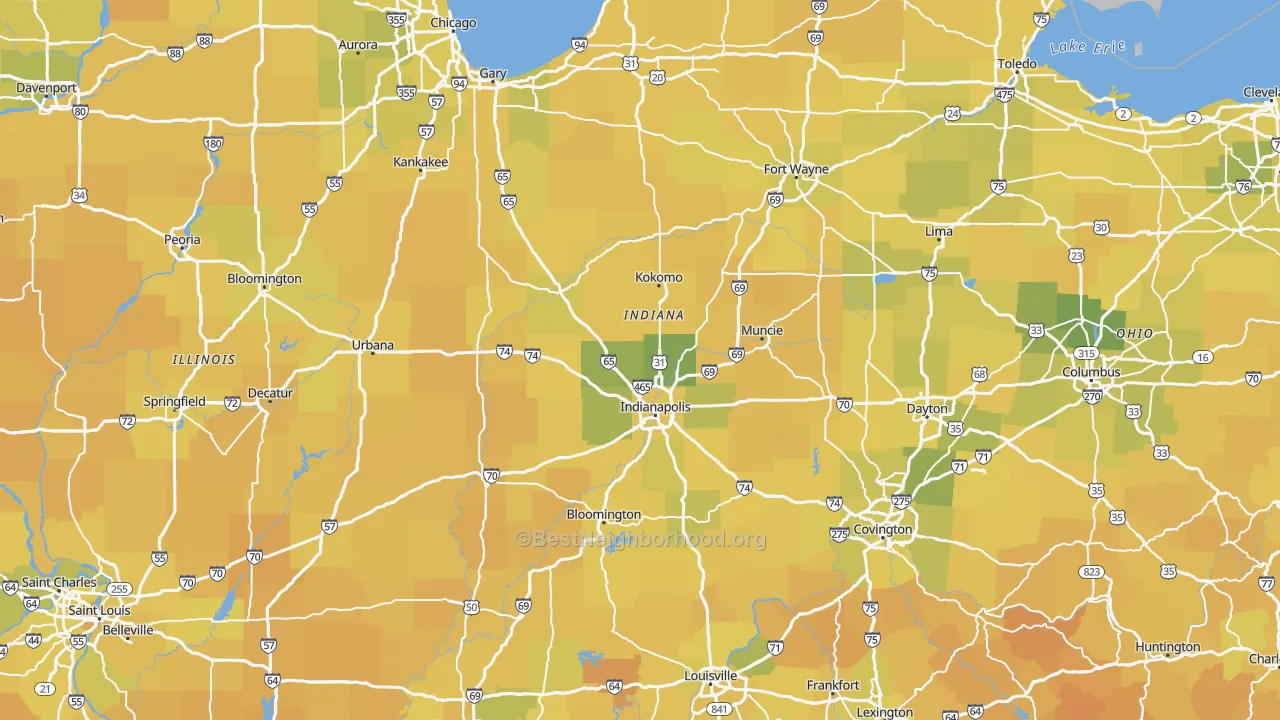 Map of the best neighborhoods in the Indiana area, with better matches in green and worse matches in red