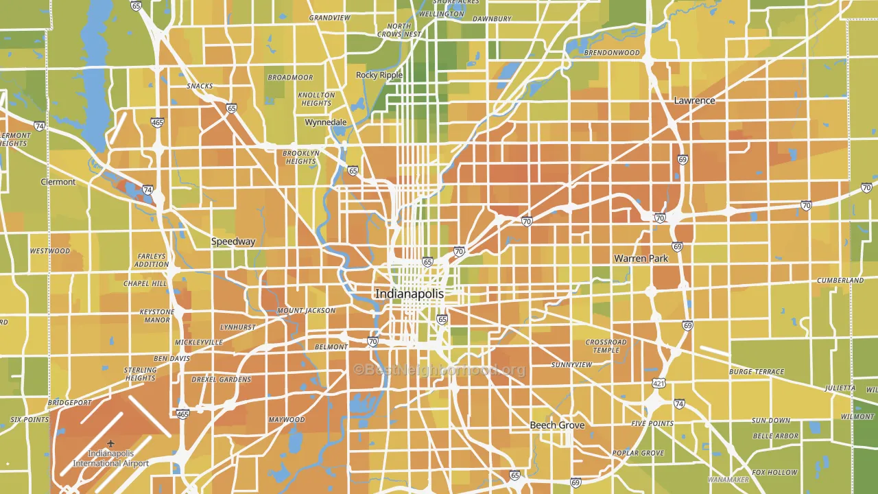Map of the best neighborhoods in the Indianapolis Metro area, with better matches in green and worse matches in red