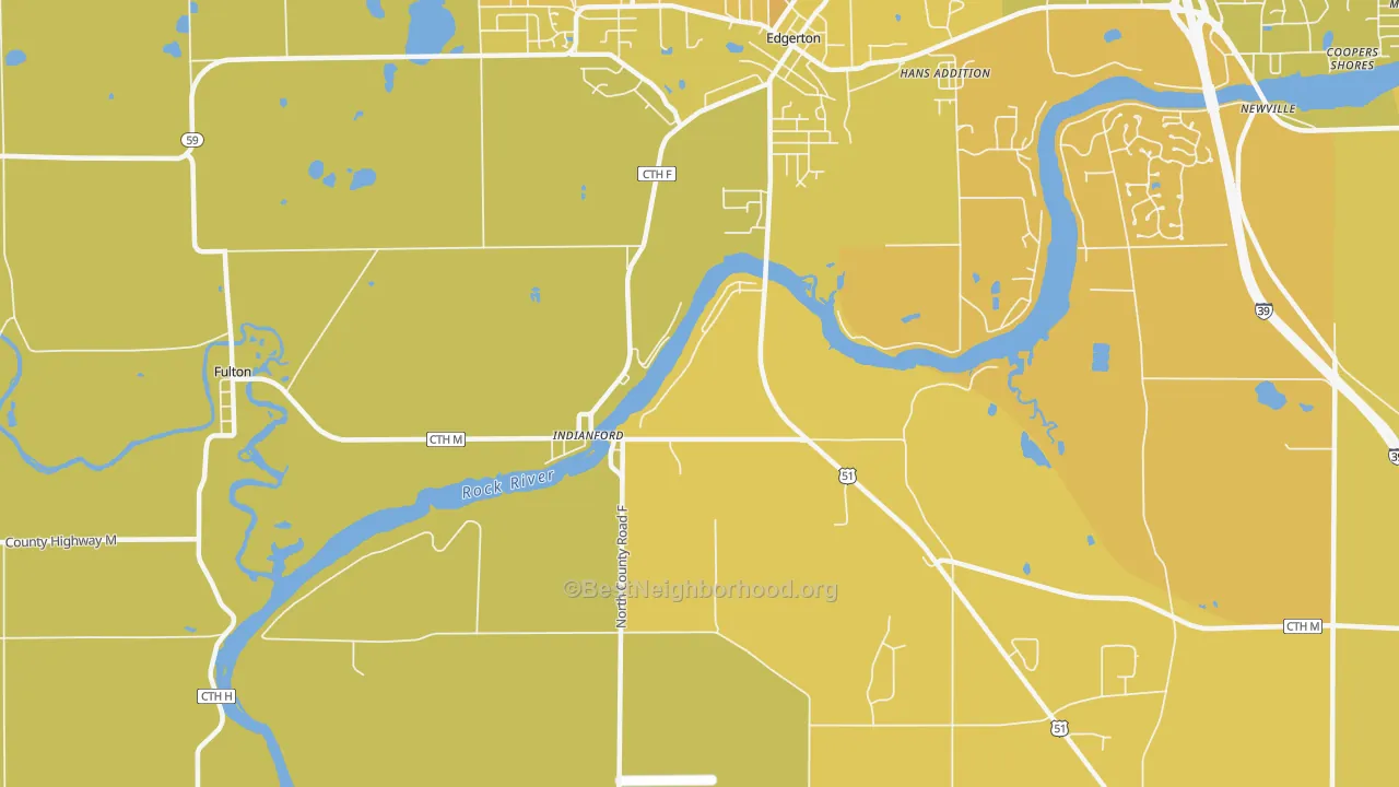 Map of the best neighborhoods in the Indianford area, with better matches in green and worse matches in red