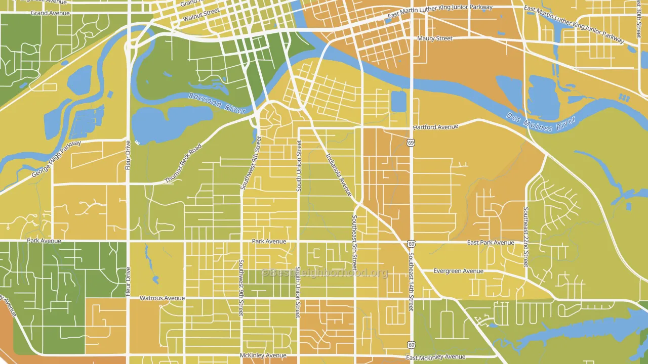 Map of the best neighborhoods in the Indianola Hills, Des Moines area, with better matches in green and worse matches in red