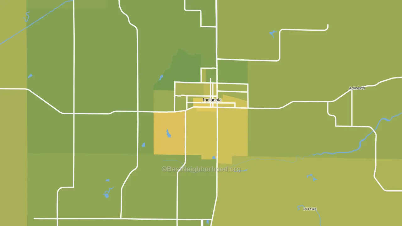 Map of the best neighborhoods in the Indianola area, with better matches in green and worse matches in red