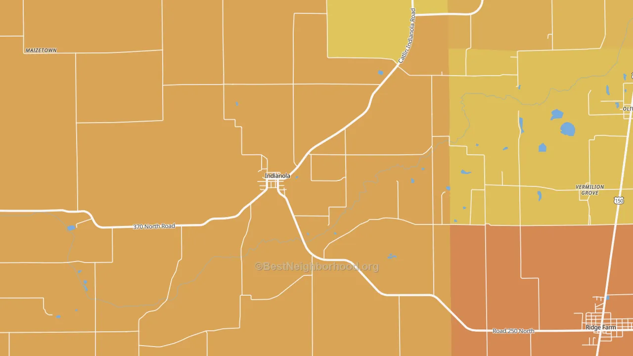 Map of the best neighborhoods in the Indianola area, with better matches in green and worse matches in red