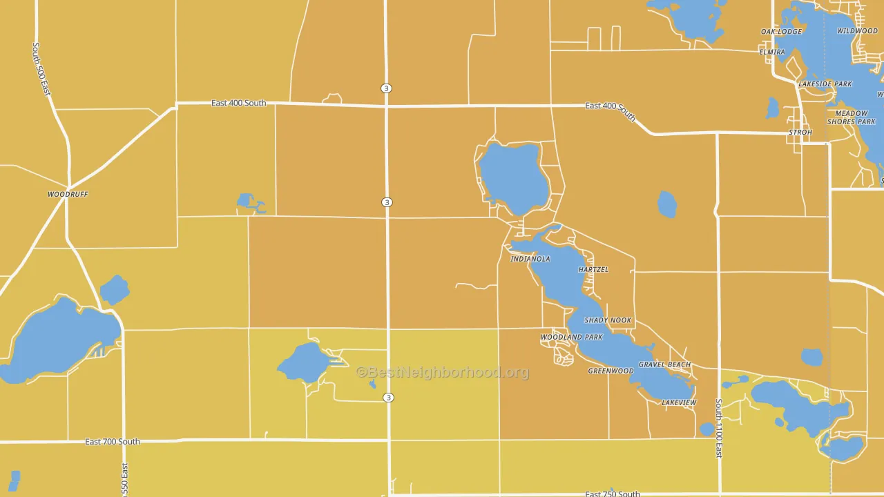 Map of the best neighborhoods in the Indianola area, with better matches in green and worse matches in red