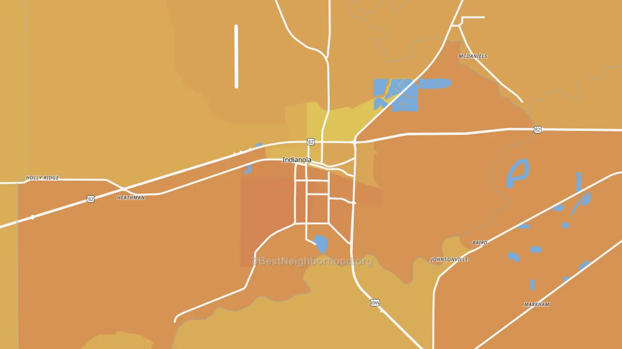 Map of the best neighborhoods in the Indianola area, with better matches in green and worse matches in red