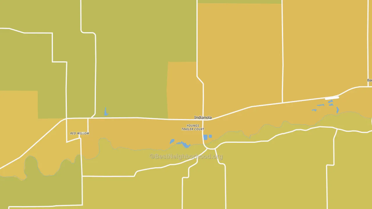 Map of the best neighborhoods in the Indianola area, with better matches in green and worse matches in red