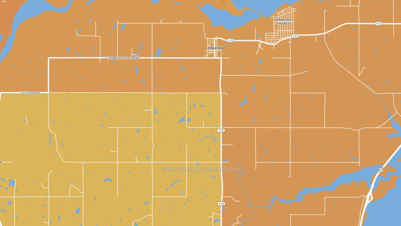 Map of the best neighborhoods in the Indianola area, with better matches in green and worse matches in red