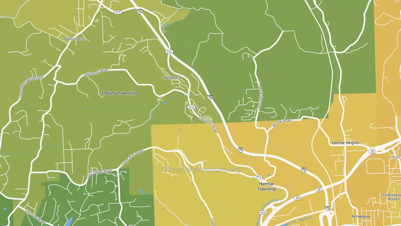 Map of the best neighborhoods in the Indianola area, with better matches in green and worse matches in red