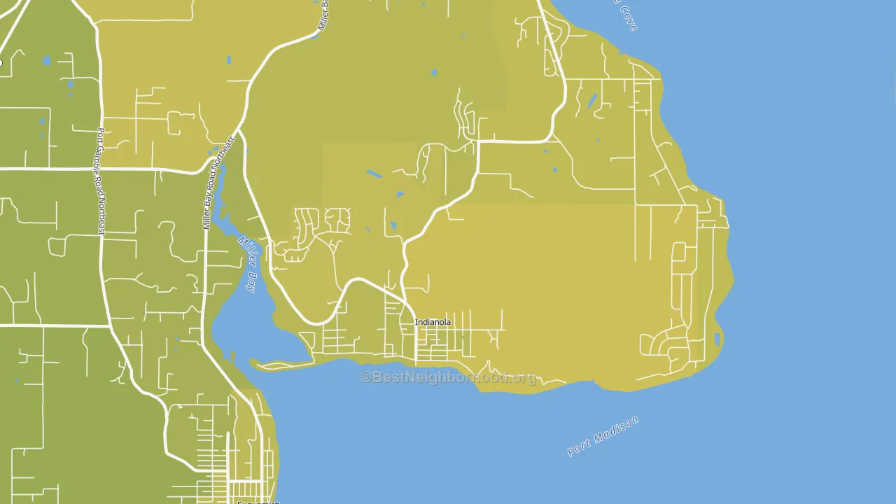 Map of the best neighborhoods in the Indianola area, with better matches in green and worse matches in red