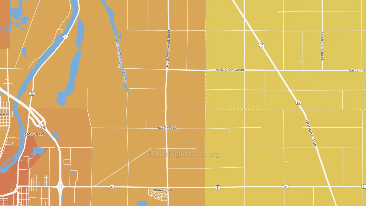 Map of the best neighborhoods in the Indiantown area, with better matches in green and worse matches in red