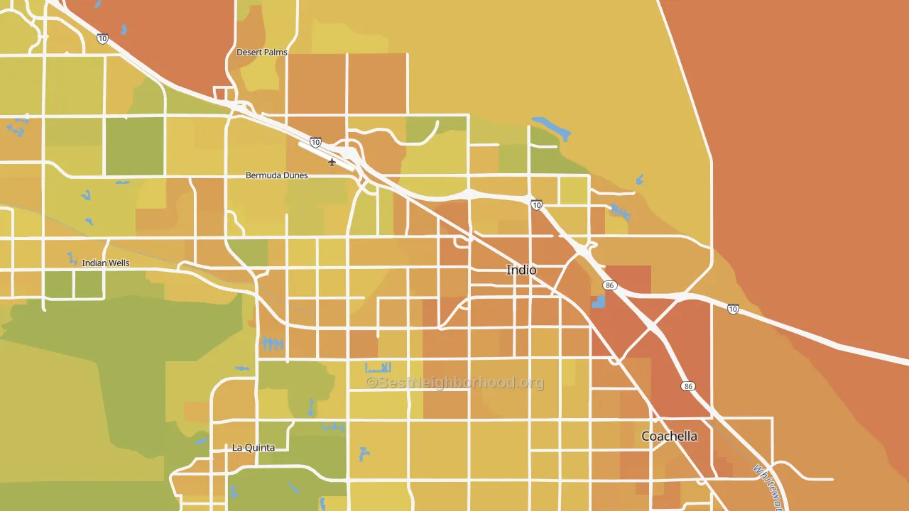 Map of the best neighborhoods in the Indio area, with better matches in green and worse matches in red