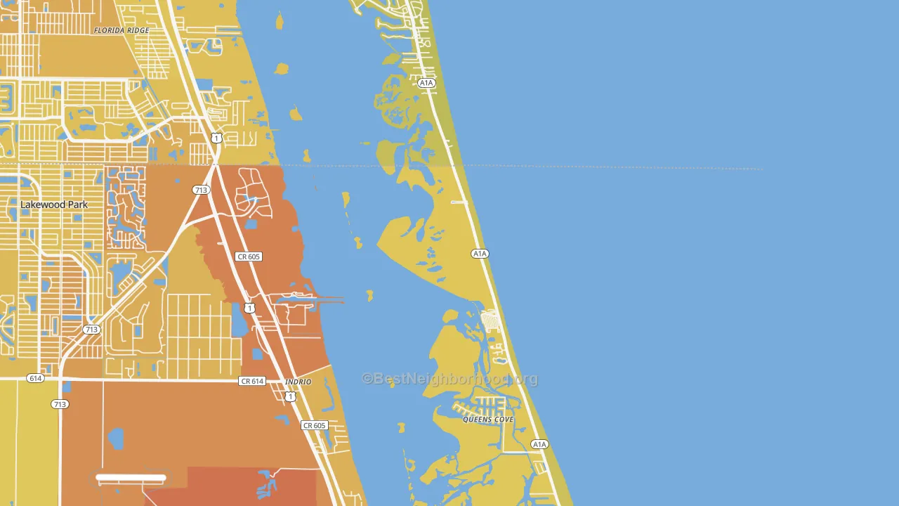 Map of the best neighborhoods in the Indrio area, with better matches in green and worse matches in red