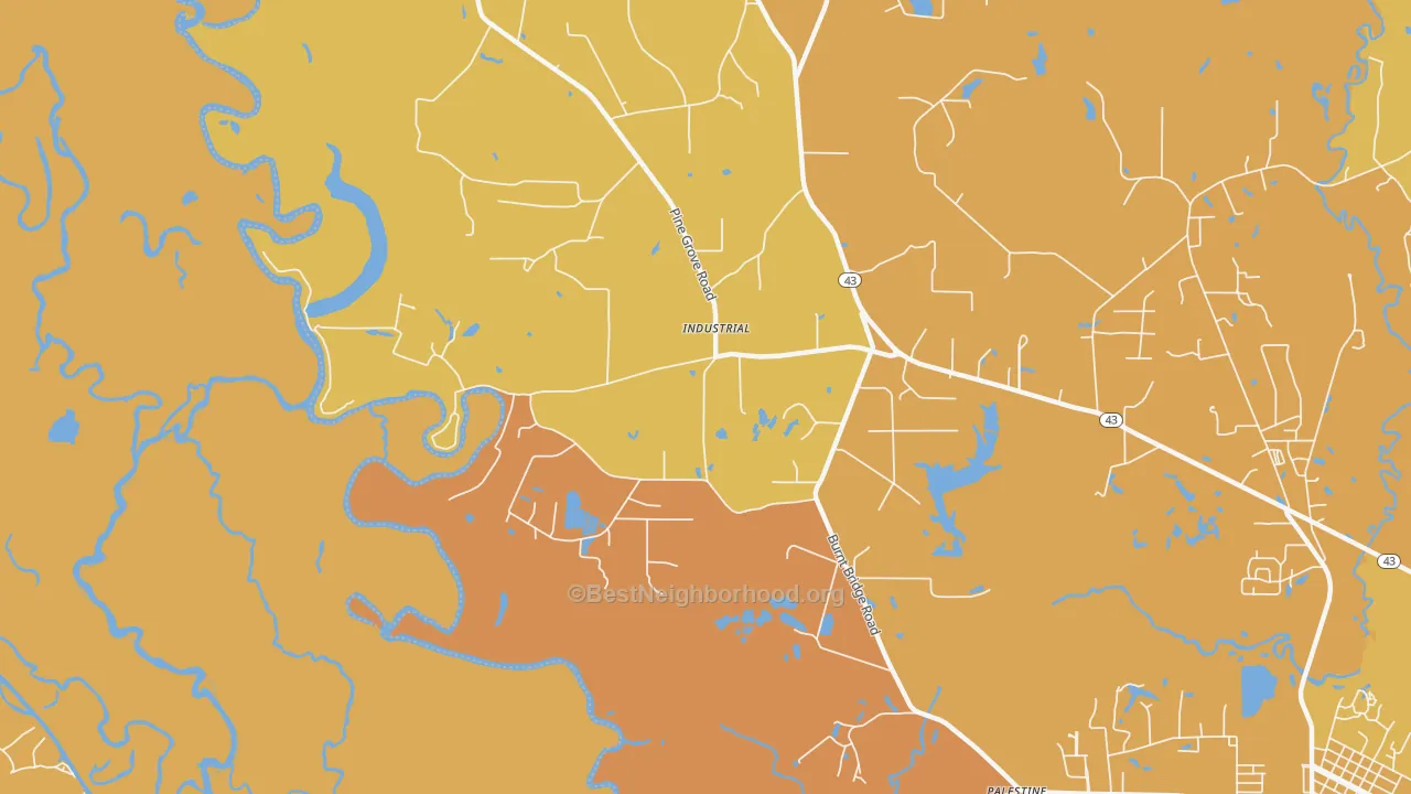Map of the best neighborhoods in the Industrial area, with better matches in green and worse matches in red