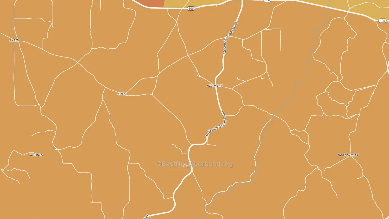 Map of the best neighborhoods in the Industry area, with better matches in green and worse matches in red